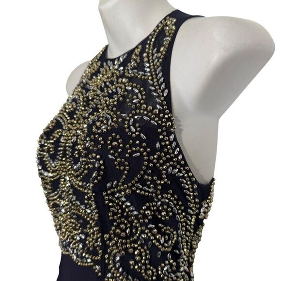 Cachet Womens Formal Beaded Illusion Neck USA Made Y2K Navy Dress Long sz 4 - Picture 10 of 15